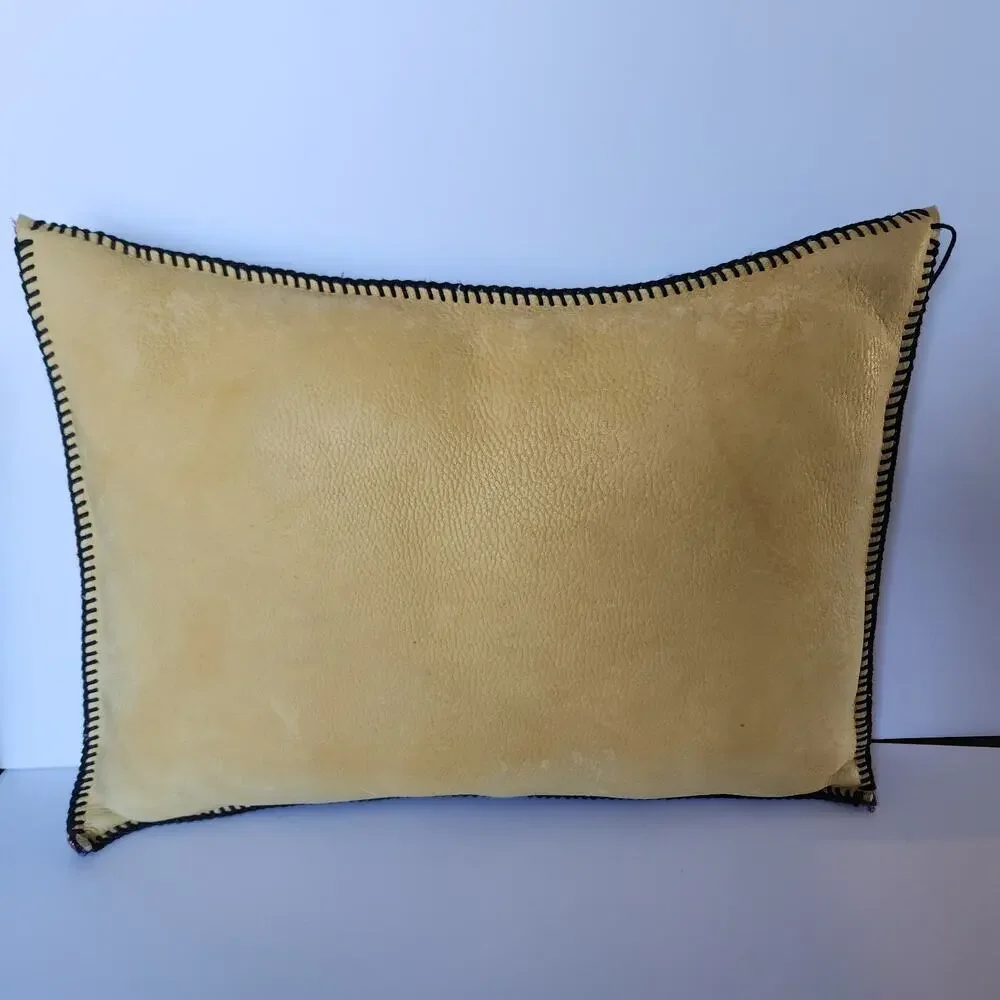 Vintage 70s Artisan Wool Leather Folk Art Tribal Boho Hand Stitched Pillow 20x15